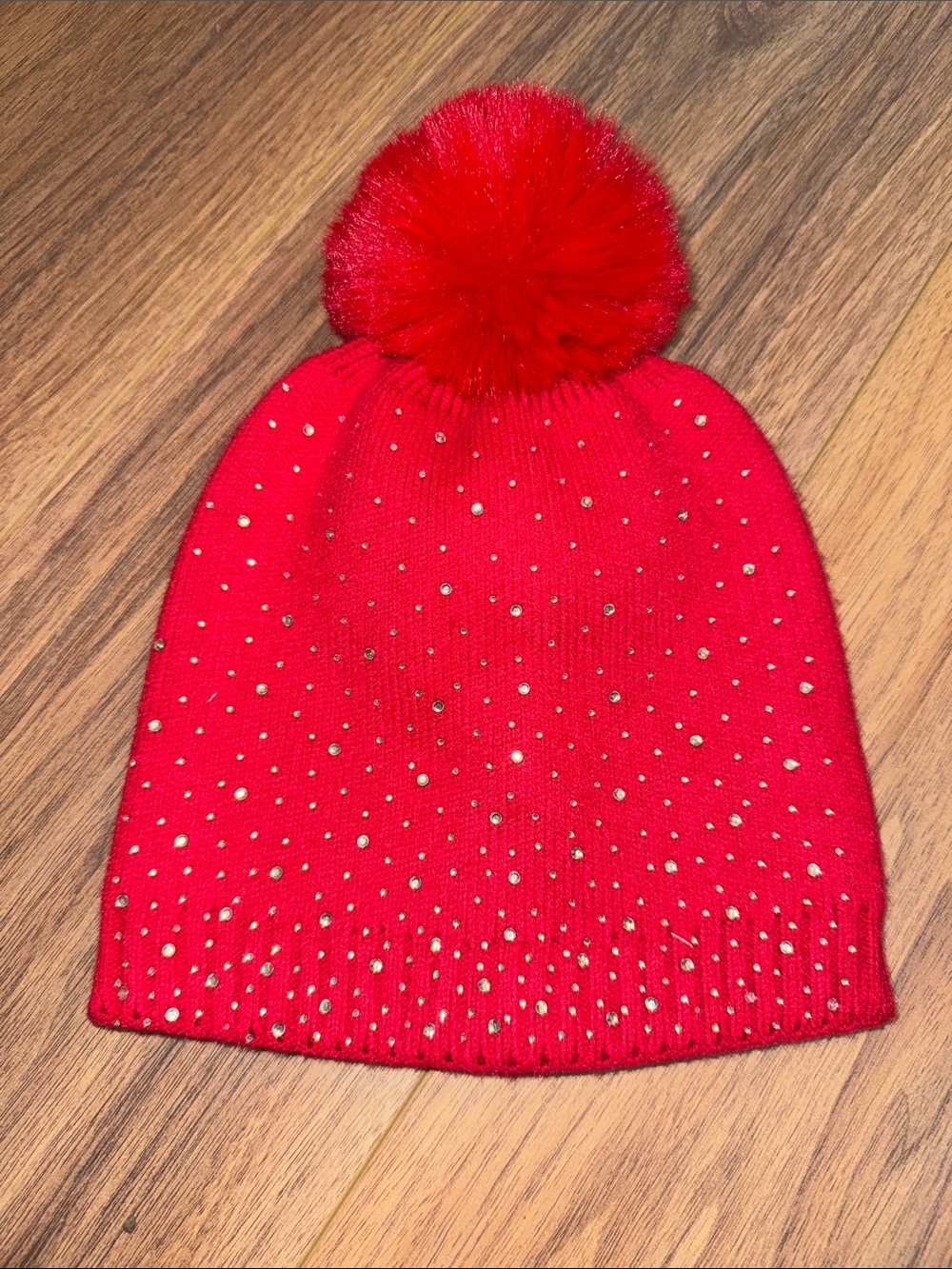 Red Womens Pom-Pom Beanie Hat with Rhinestones